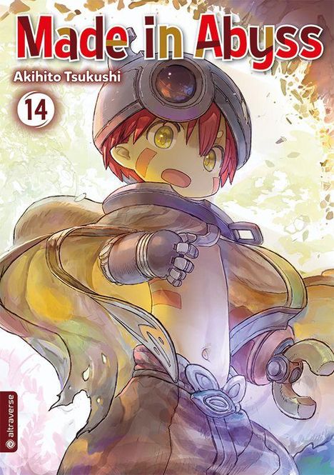 „Made in Abyss 14“, Akihito Tsukushi. Bunte Illustration eines Charakters mit Helm und Umhang in abenteuerlicher Pose.