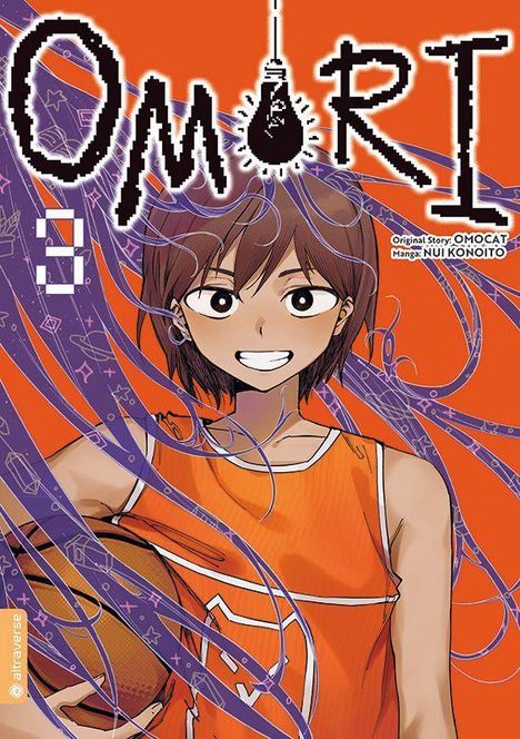 "OMORI", "3", "Original Story: OMOCAT", "Manga: NUI KONOITO". Jugendliche in orangefarbenem Trikot hält Basketball, violette Linien umgeben sie.