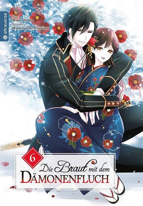 „Die Braut mit dem Dämonenfluch“ Band 6. Illustration eines Paares, der Mann in Schwarz, die Frau im Kimono, umgeben von Blumen.