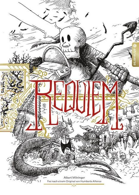 "Requiem" in roten Buchstaben, Szene zeigt Skelettkrieger mit Sense, kämpfende Figuren und mittelalterliche Ruinen.