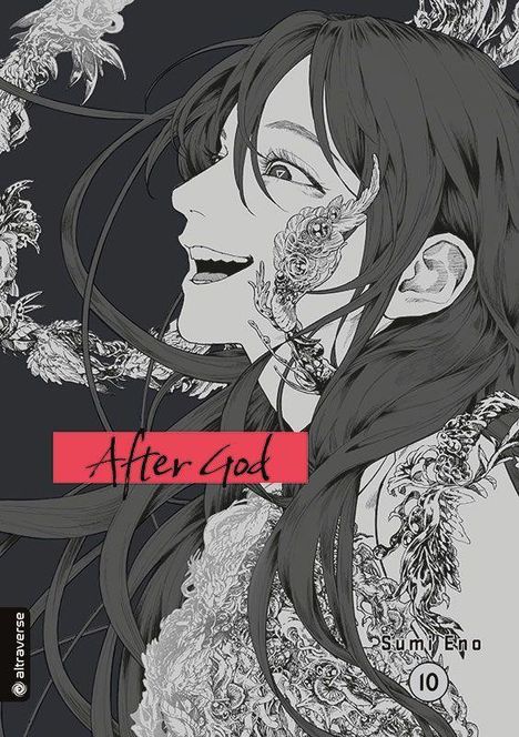 "After God" steht in roter Schrift. Schwarz-weiße Illustration von einem lachenden Gesicht mit floralen Mustern.