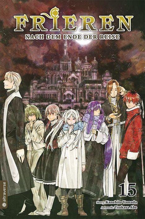 "FRIEREN NACH DEM ENDE DER REISE. Sieben Figuren vor einem Schloss. Bandnummer: 15. Story: Kanehito Yamada. Artwork: Tsukasa Abe."