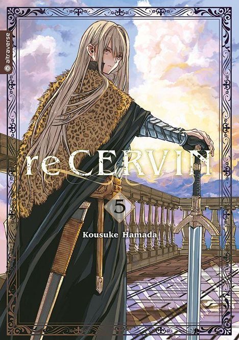Text: "reCERVIN", "5", "Kousuke Hamada". Eine Person mit langen Haaren, Fellumhang, Schwert, steht auf einem Balkon vor buntem Himmel.