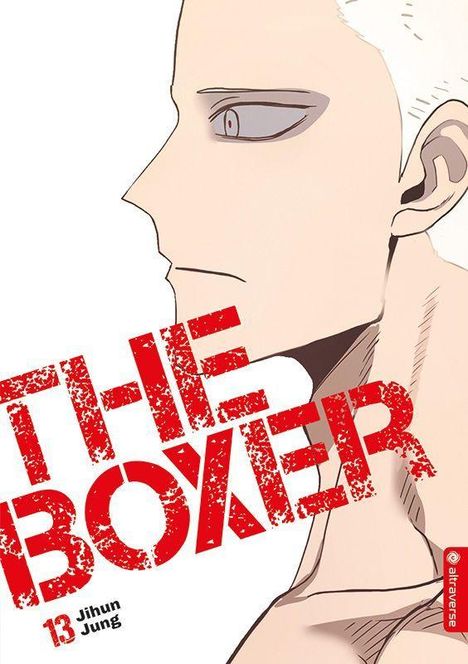 "The Boxer" in großen roten Buchstaben, "13 Jihun Jung" darunter. Profil eines starren Gesichts mit blonden Haaren.