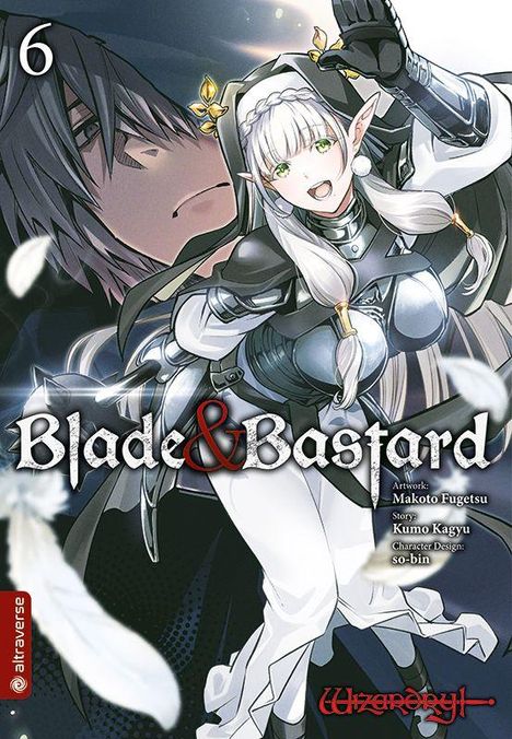 „Blade & Bastard“, Volume 6. Eine Elfenfigur in Rüstung, lächelnd, dynamisch posierend. Anime-Stil.