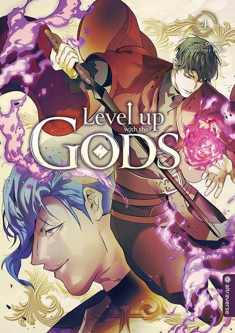 „Level up with the Gods“ in großen Buchstaben. Zwei Figuren, eine mit blauem Haar, eine mit violetter Magie und Schwert.