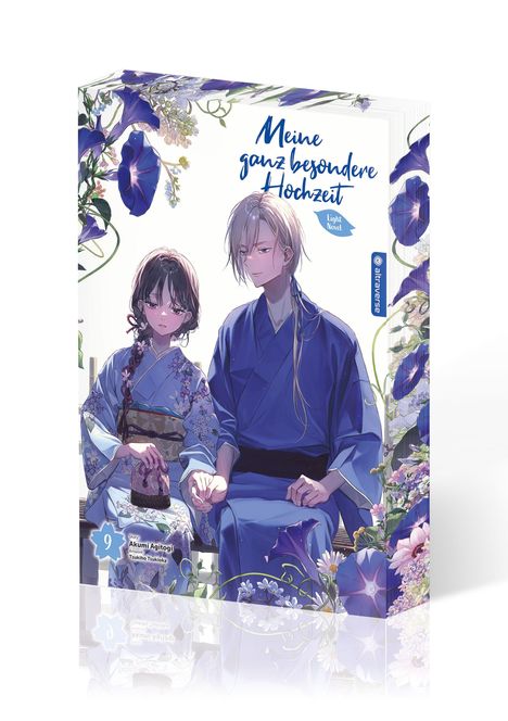 "Meine ganz besondere Hochzeit". Zwei Personen in traditioneller Kleidung, umgeben von blauen und violetten Blumen.