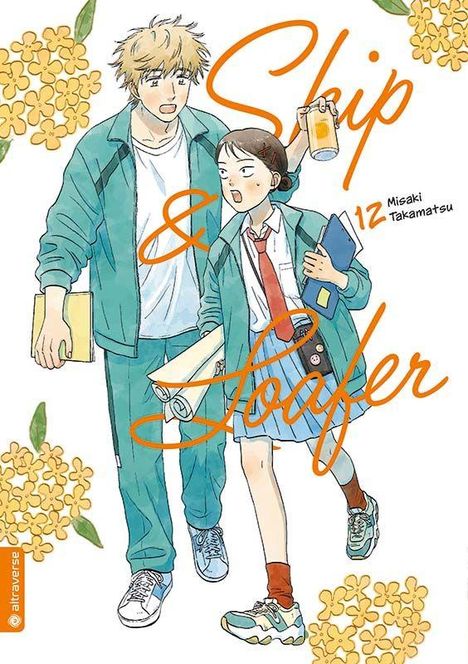 Text: "Skip & Loafer 12 Misaki Takamatsu". Illustration von zwei Personen in Schuluniformen, Blumen im Hintergrund.