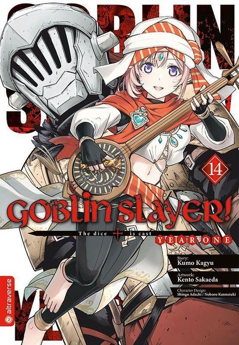„Goblin Slayer!“, Jahr Eins, Band 14. Illustration eines Ritters und einer Person mit Mandoline in mittelalterlicher Kleidung.