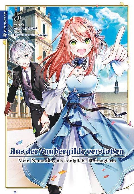 „Aus der Zaubergilde verstoßen: Mein Neuanfang als königliche Hofmagierin“, zwei fröhliche Charaktere in festlicher Kleidung.