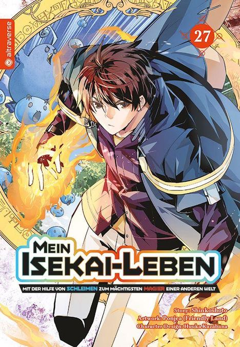 „Mein Isekai-Leben“ und „27“. Ein junger Mann mit Feuer in der Hand, umgeben von blauen Wesen und einem orangenen Bogen.