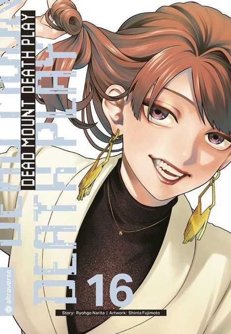 „DEAD MOUNT DEATH PLAY 16“ steht auf dem Cover eines Mangas. Eine Person mit roten Haaren lächelt freundlich.
