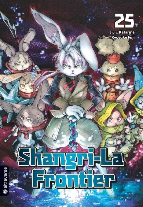 "Shangri-La Frontier" und Nummer 25, zentrale Figur ist ein Hase, von weiteren, unterschiedlich gekleideten Tiercharakteren umgeben.