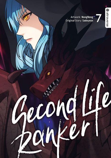 "Second Life Ranker" in großen Buchstaben, Illustration zeigt eine Figur mit blauem Haar und einen roten Drachen.