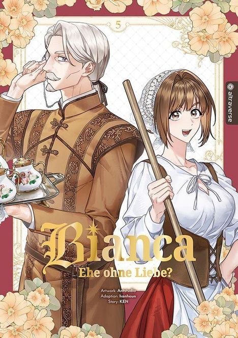"Bianca: Ehe ohne Liebe?" Zwei Personen in historischen Outfits, eine halbt Rahmen voller Blumenmotiven.