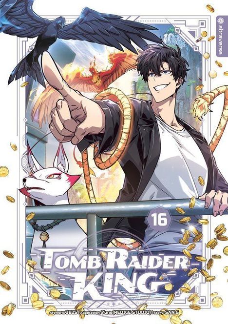 "Tomb Raider King 16." Ein lächelnder Mann zeigt nach vorn, umgeben von einem Fuchs, einem Raben und goldenen Münzen.