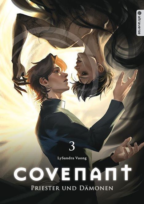 „Covenant: Priester und Dämonen“ von LySandra Vuong, Band 3. Zwei Figuren in naher Interaktion, kontrastreich beleuchtet.