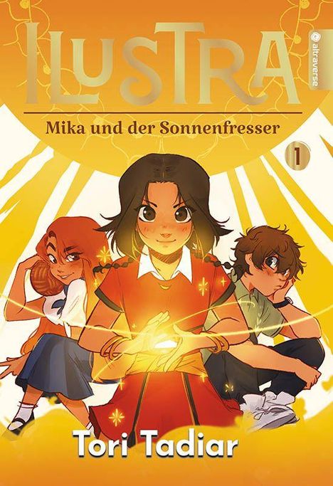 „ILUSTRA: Mika und der Sonnenfresser." Drei Jugendliche, mittig ein Mädchen mit leuchtender Kugel in den Händen.