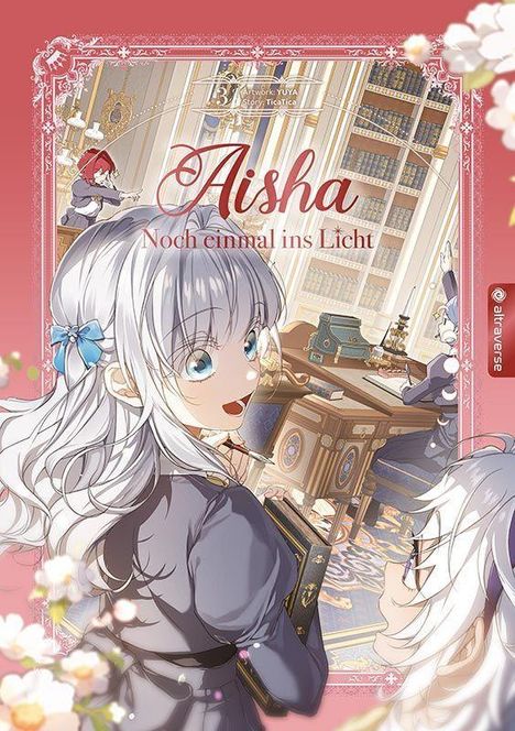 "Aisha: Noch einmal ins Licht." Eine Manga-Illustration mit einem fröhlichen Mädchen in einer Bibliothek.