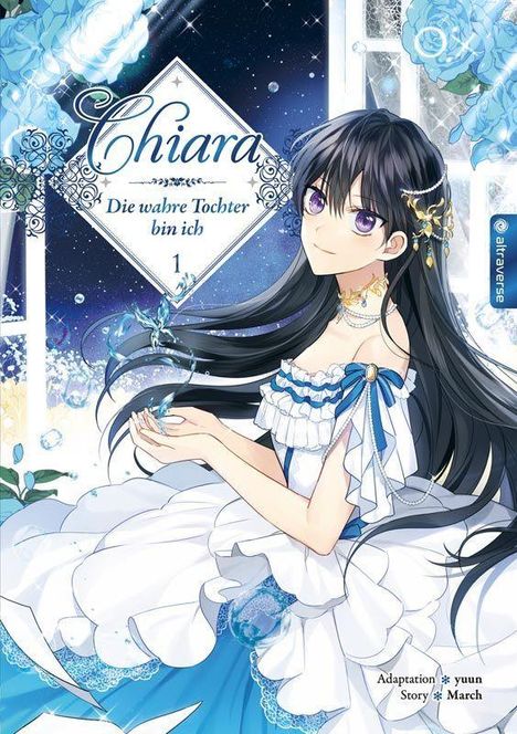 Chiara – Die wahre Tochter bin ich. Eine junge Frau mit langem, dunklem Haar in einem eleganten, blauen Kleid.