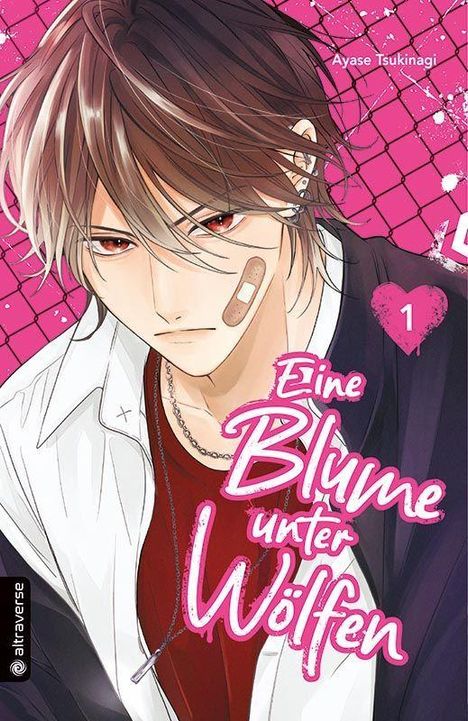 „Eine Blume unter Wölfen“, Band 1. Junge mit Verband vor rosa Hintergrund.