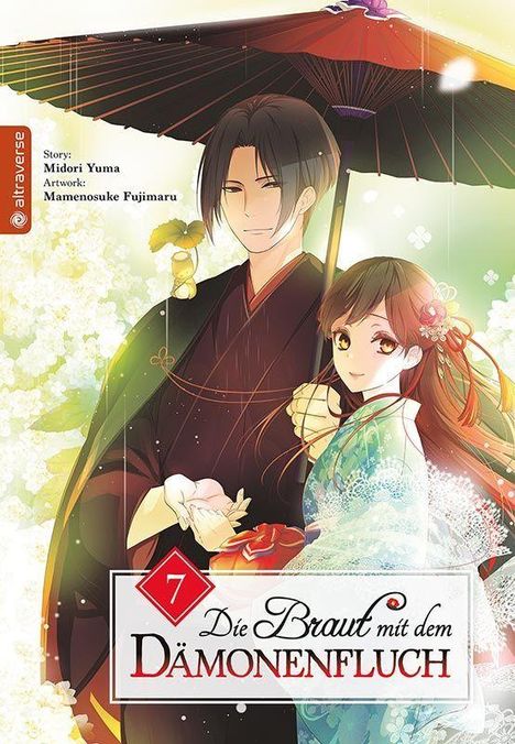 Der Text "Die Braut mit dem Dämonenfluch" steht im Vordergrund. Eine Illustration zeigt ein Paar im japanischen Stil mit Schirm.
