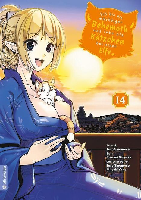 „Ich bin ein mächtiger Behemoth und lebe als Kätzchen bei einer Elfe.“ Eine Elfe mit Katze, Sonnenuntergang im Hintergrund.
