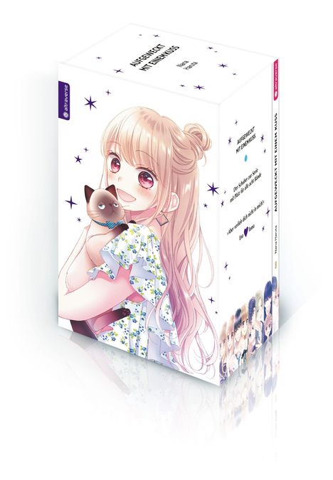 Boxset „AUFGEWECKT MIT EINEM KUSS“. Illustration: Mädchen mit blonden Haaren, hält eine Katze, umgeben von Sternen.