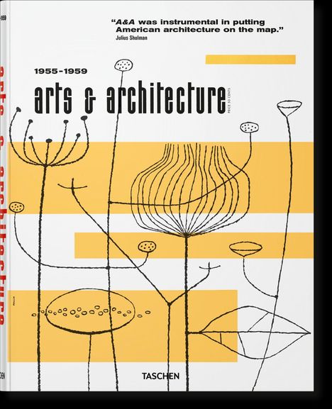 "1955-1959 arts & architecture" steht groß geschrieben. Darunter sind abstrakte, skizzenhafte Pflanzenlinien auf orange-weißem Hintergrund.