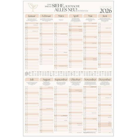 Terminplaner für 2026 mit Bibelzitat: "Siehe, ich mache alles neu." Monate und Tage aufgelistet.