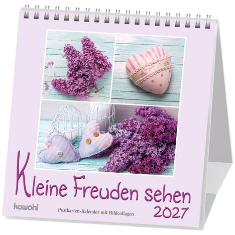 "Kleine Freuden sehen 2027" steht auf einem Kalender mit lila Blüten und herzförmigen Dekorationen.