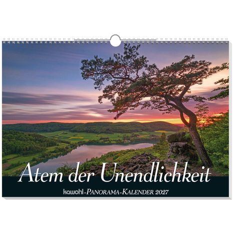 "Atem der Unendlichkeit. Kawohl Panorama-Kalender 2027." Baum auf Felsen vor farbenfrohem Sonnenuntergang über Landschaft.