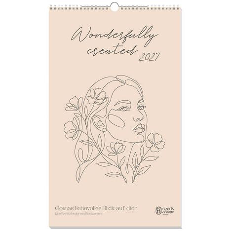 "Wonderfully created 2024." Illustration einer Frau mit Blumen in feinen Linien. Text: "Gottes liebevoller Blick auf dich."