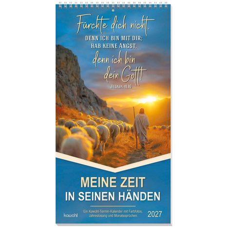 Text: "Fürchte dich nicht, denn ich bin mit dir; hab keine Angst, denn ich bin dein Gott. Jesaja 41,10." Eine Illustration: Hirte mit Schafen im Sonnenuntergang.