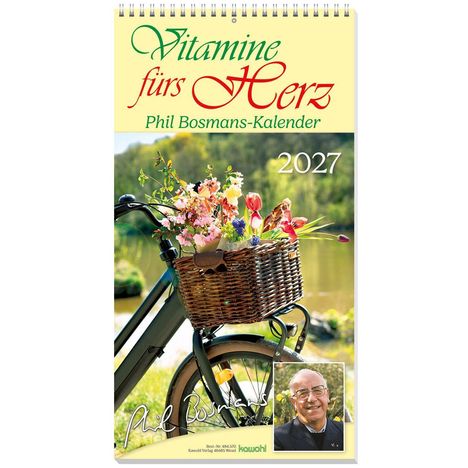 "Vitamine fürs Herz", "Phil Bosmans-Kalender", "2027". Fahrrad mit Blumenkorb, kleineres Foto eines lächelnden Mannes.