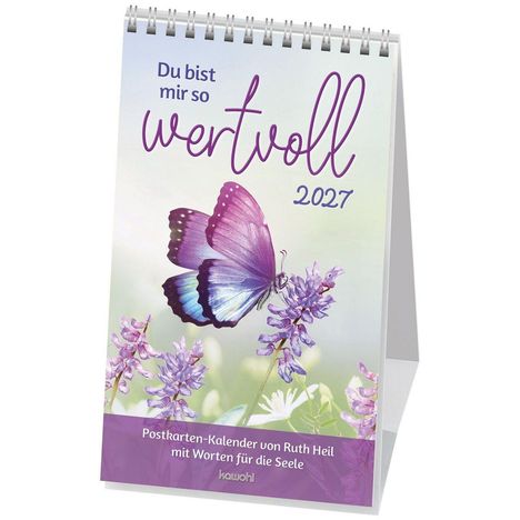 "Du bist mir so wertvoll 2027. Postkarten-Kalender von Ruth Heil. Ein lila Schmetterling sitzt auf einer lila Blume."