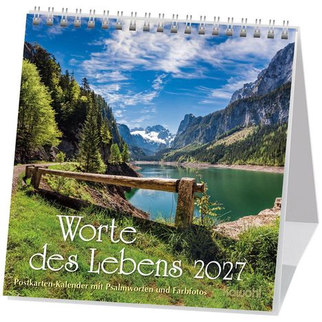 "Worte des Lebens 2027" und "Postkarten-Kalender mit Psalmworten und Farbfotos" auf einem Kalender mit Bergsee und Wald.