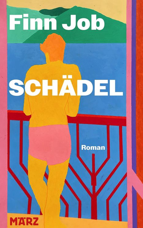 „Finn Job Kopf“ in großen Buchstaben, „Roman“ kleiner. Illustration: Person am Geländer, bunte, abstrakte Farben.