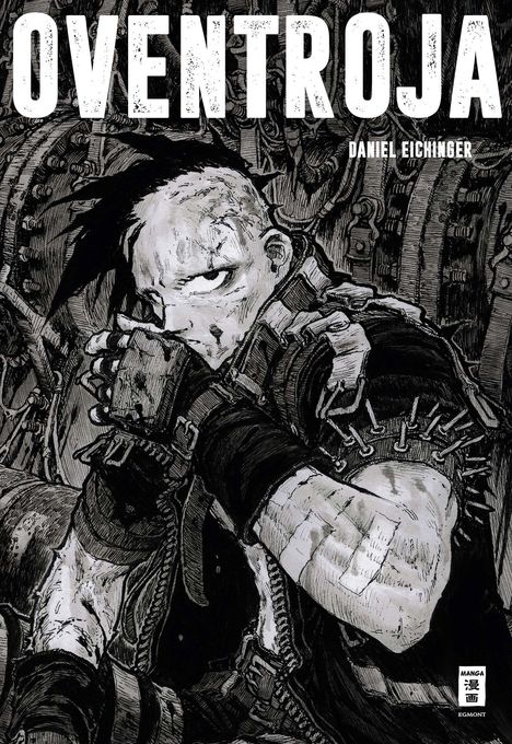 „OVENTROJA“ und „Daniel Eichinger“ in großen Buchstaben. Illustration eines widerstandsfähig aussehenden Charakters mit Stacheln.