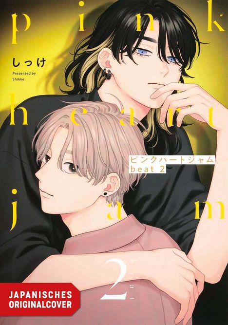 "Pink Heart Jam beat 2" und "Japanisches Originalcover". Zwei Personen in enger Umarmung, stilisierte Zeichnung.