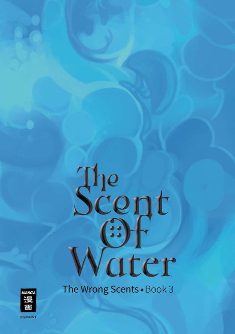 „The Scent Of Water“ in blauer Schrift auf abstraktem blauem Hintergrund mit Wasserwirbeln.
