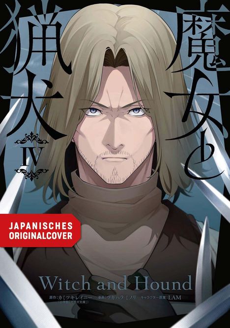 "JAPANISCHES ORIGINALCOVER" und "Witch and Hound" erscheinen über einem Mann mit langen Haaren in einer Illustration.