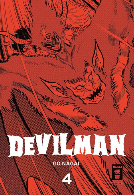 "DEVILMAN", "GO NAGAI", "4". Ein rotes Gemälde zeigt Teufelswesen mit Hörnern und bedrohlichen Gesichtern.