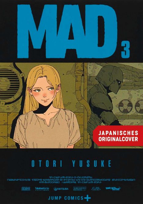 MAD 3, Japanisches Originalcover. Otori Yusuke. Illustration: Eine Frau und ein gepanzerter Charakter vor technischer Kulisse.