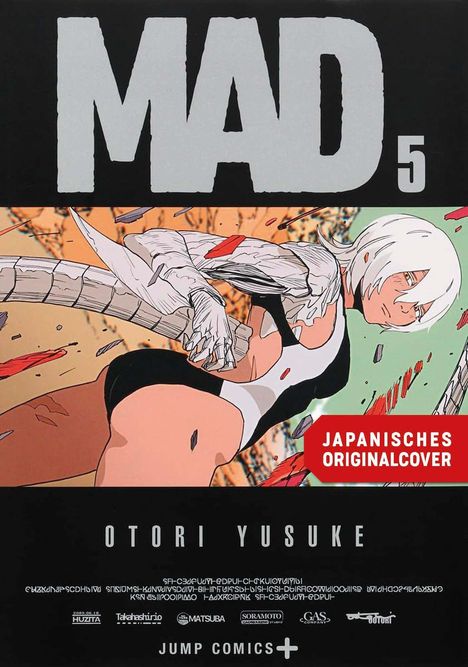 Großer Text "MAD 5", darunter "OTORI YUSUKE". Rote Box rechts mit "JAPANISCHES ORIGINALCOVER". Animefigur mit weißem Haar.
