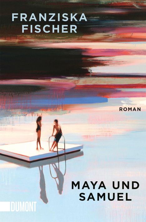 "FRANZISKA FISCHER", "ROMAN", "MAYA UND SAMUEL". Zwei Menschen auf einem Steg über einem farbenfrohen, verschwommenen Hintergrund.