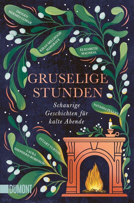 „GRUSELIGE STUNDEN: Schaurige Geschichten für kalte Abende“. Illustration mit Kamin, Kerze und grünen Zweigen.