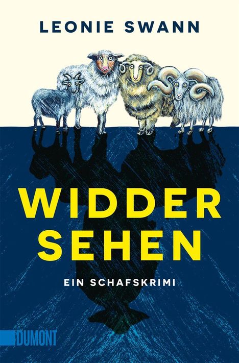 Text: "LEONIE SWANN" und "WIDDER SEHEN: EIN SCHAFSKRIMI". Illustration: Vier Schafe mit Schatten.