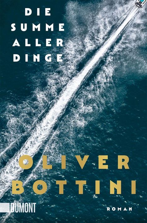 „Die Summe aller Dinge“ oben links, „Oliver Bottini“ mittig, darunter „Roman“. Darunter Dunkelblaues Wasser mit Bootspur.