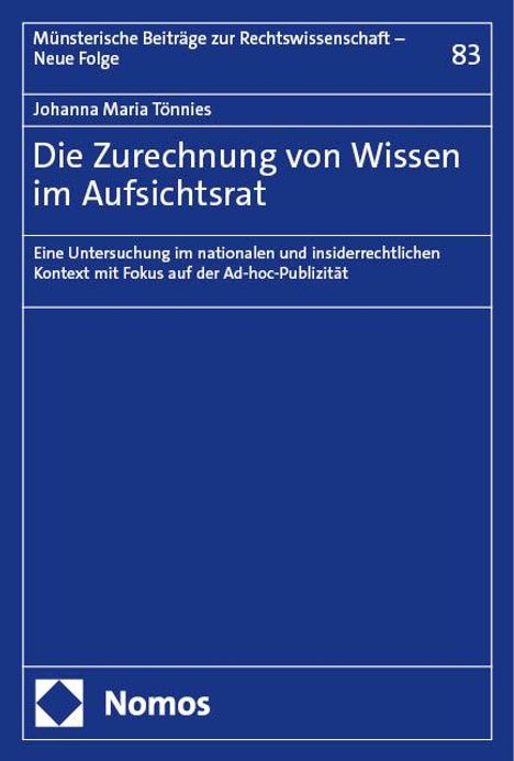 Johanna Maria Tönnies: Die Zurechnung von Wissen im Aufsichtsrat, Buch